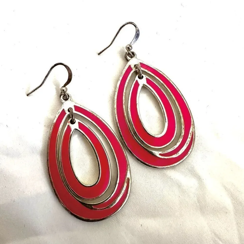 Pink and silver tone double teardrop earrings